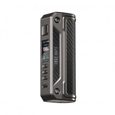 Lostvape Thelema Solo 100W Mod gri karbon fiber kaplama, dijital ekranlı.
