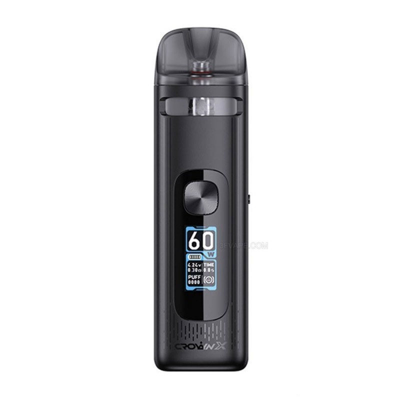 Siyah Uwell Crown X Pod 60W elektronik sigara cihazı ve ekran görüntüsü.