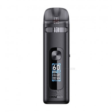 Siyah Uwell Crown X Pod 60W elektronik sigara cihazı ve ekran görüntüsü.