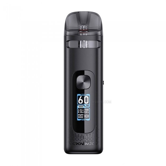 Siyah Uwell Crown X Pod 60W elektronik sigara cihazı ve ekran görüntüsü.