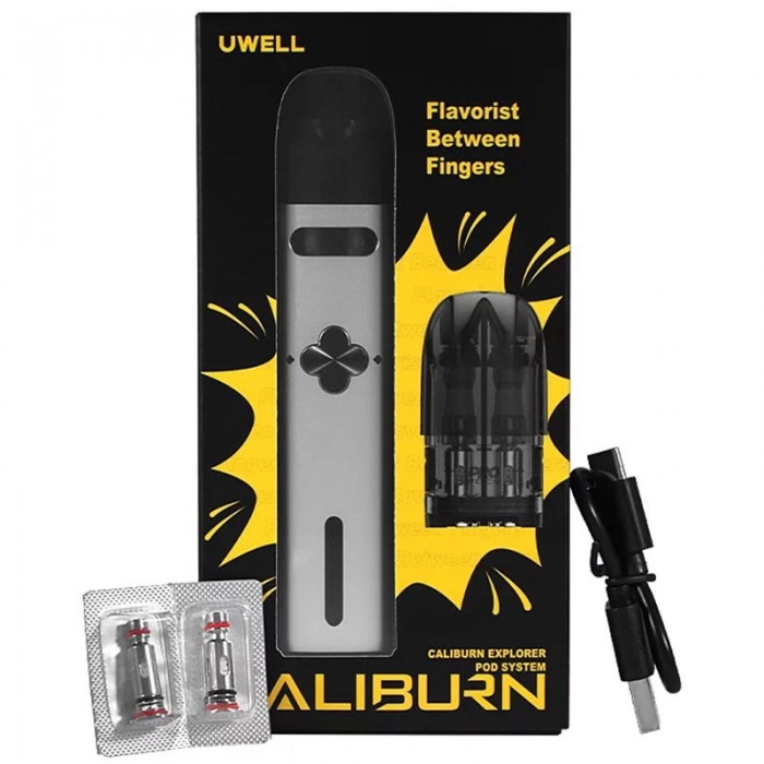 Uwell Caliburn Explorer Pod 32W gümüş renkli cihaz ve aksesuar kutusu.