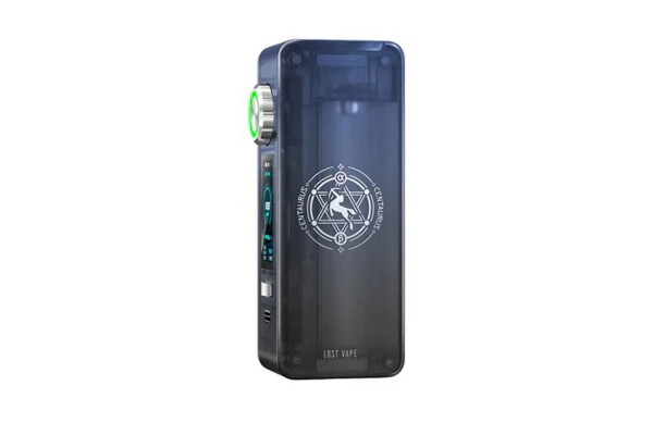Lost Vape Centaurus N100 Mod koyu gri, şeffaf gövde, yeşil ışıklı ayar düğmesi.