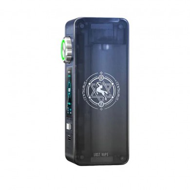 Lost Vape Centaurus N100 Mod koyu gri, şeffaf gövde, yeşil ışıklı ayar düğmesi.