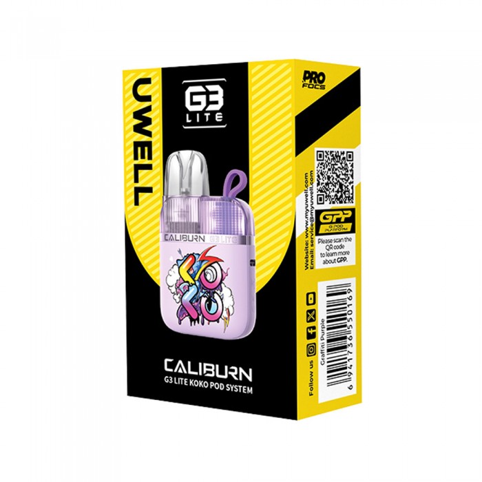 Uwell Caliburn G3 Lite Koko Pod Sistem, Graffiti Purple renkli kutu ambalajı.