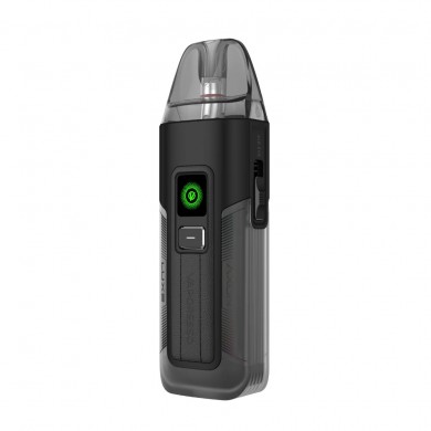 Vaporesso LUXE X2 Pod Siyah, şeffaf gövdeli, yeşil ışıklı elektronik sigara.