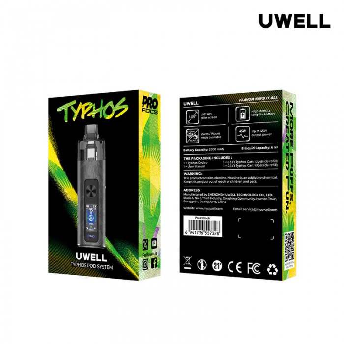Uwell Typhos Pod Kit Siyah renkli, 2000 mAh bataryalı kutu içeriği.